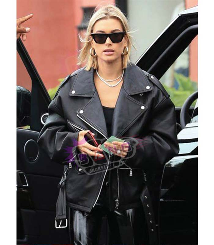 Get Hailey Baldwin Women 90 Style Black Leather Biker Baggy Jacket