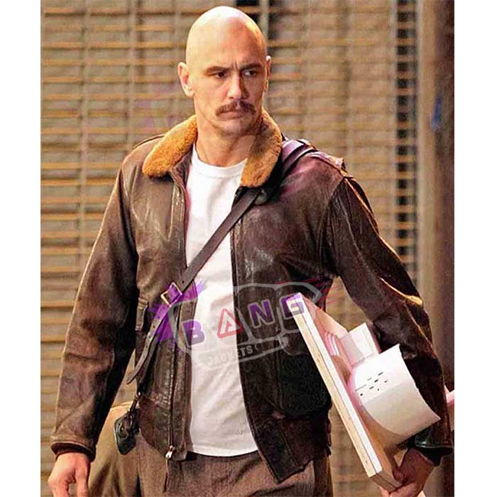 Get James Franco Zeroville Vikar Mens G1 Distressed Brown Genuine Leather Fur Collar Jacket