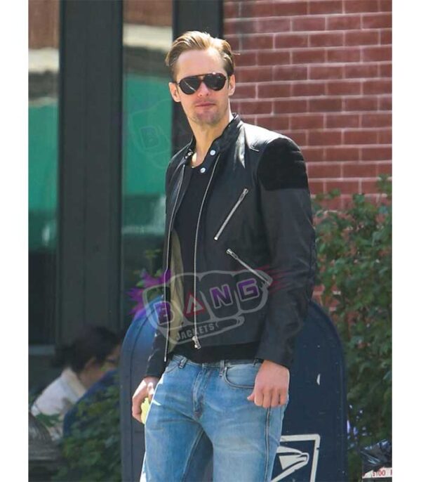 Buy Alexander Skarsgard Acne Oliver Mens Stylish Zippers Black Leather Slim Fit Jacket